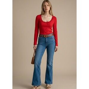 NEW Old Navy Red Lace Trim Bow Ribbed Long Sleeve Top Size M Coquette Balletcore